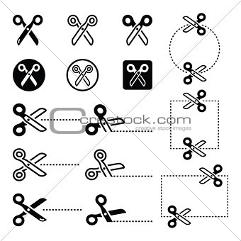 Scissors with cut lines icons set