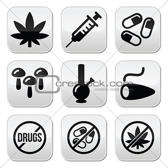 Drugs, addiction, marijuana, syringe buttons set