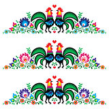 Polish floral folk long embroidery pattern with roosters - wzory lowickie