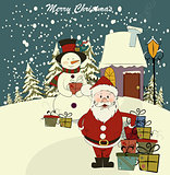 Christmas card with Santa and snowman. Vector. Editable 
