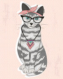 Cute hipster rockabilly cat with head scarf, glasses and necklac