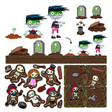 Set of game elements with zombie character, platforms and object