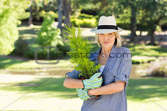 Woman holding pot plant in garden