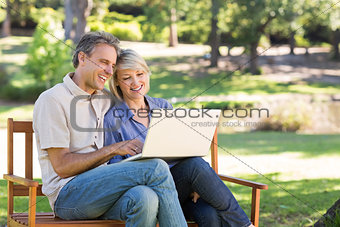 Couple using laptop on park bench