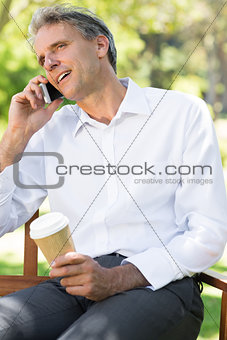 Businessman using cell phone at park
