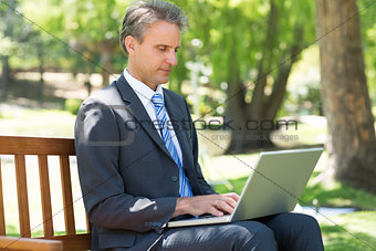Concentrated businessman using laptop