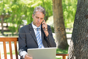 Businessman using cellphone and laptop in park