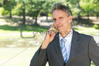 Businessman using cellphone in park