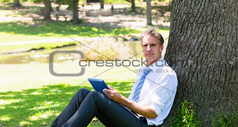 Businessman with tablet computer in park