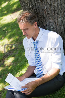 Businessman reviewing documents in park