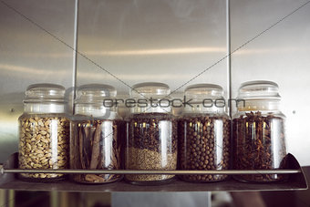 Assorted spices in bottles