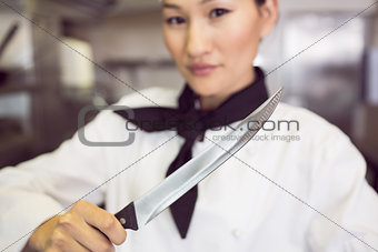 Confident female cook holding knife in kitchen