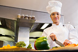 Female chef cutting vegetables in kitchen