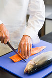 Closeup mid section of a chef cutting fish