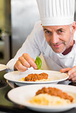Closeup portrait of a male chef garnishing food