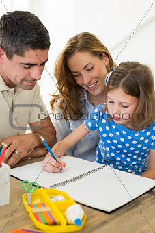 Parents assisting daughter in coloring