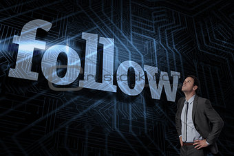 Follow against futuristic black and blue background