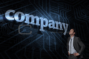 Company against futuristic black and blue background