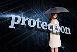 Businesswoman holding umbrella behind the word protection