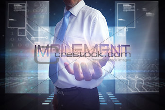 Businessman presenting the word implement