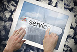 Hand touching service on search bar on tablet screen