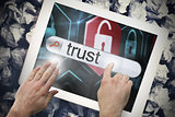 Hand touching trust on search bar on tablet screen