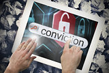 Hand touching conviction on search bar on tablet screen