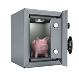Piggy bank in an open metal safe