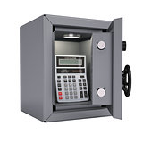 Calculator in an open metal safe