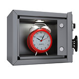 Alarm clock in an open metal safe