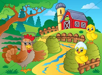 Farm theme with hen and chickens
