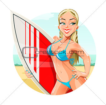 Girl with surfing board on beach