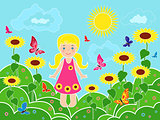 Small girl on the field among sunflowers