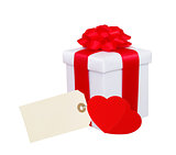 Gift box with red ribbon, hearts and tag (label) isolated on whi