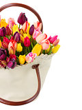Bag  of fresh  tulips flowers close up