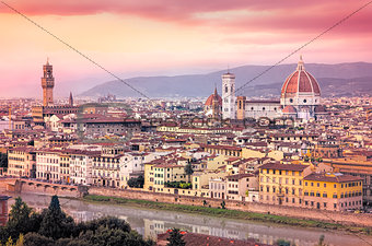 Scenic view of Florence at sunset in dreamy filtered style
