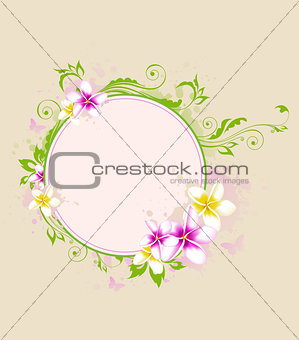 Tropical banner with green leaves and flowers