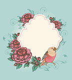 Label with pink roses and bird