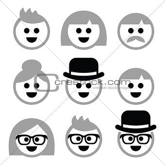 People with grey hair, seniors, old people icons set