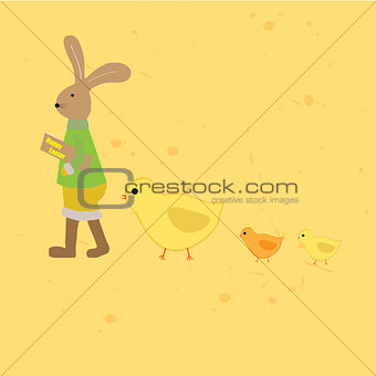 Easter illustration bunny and chickens
