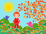 Small girl near tree in sunny autumn day