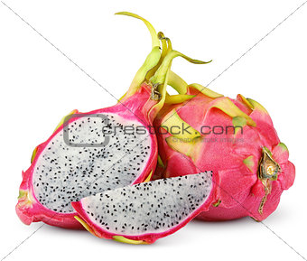 Dragon fruit or pitaya with cut on white