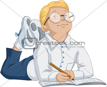 Smart Boy With Glasses Laying And Writing In Notebook