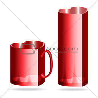 Red mug and glass heart shaped