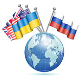 Flags of Ukraine, USA, UK and Russia