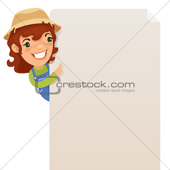 Female Farmer looking at blank poster