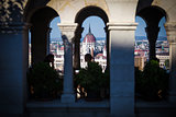 View of Hungarian Parliament Building with customers at Buda Cas