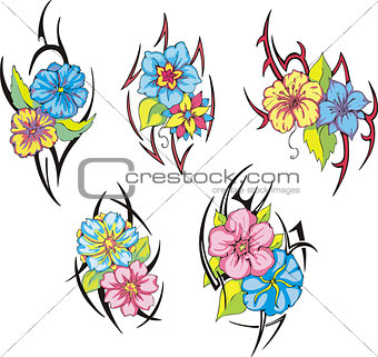Set of tribal flower tattoos