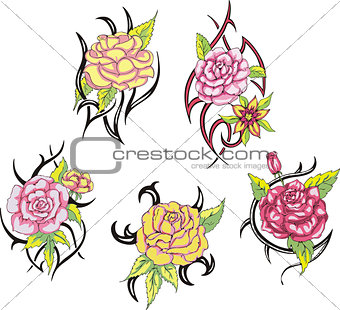 Set of tribal rose flower tattoos