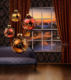 Christmas balls hanging, winter street view window
